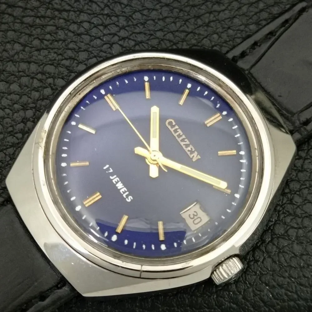 Vintage 1987 Citizen Manual Wound Mens Silver Watch W/Date & Blue accents